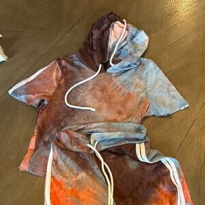 ARIA Womens Tie Dye Crop Hoodie Pants Set Size S Blue Orange Loungewear Y2K